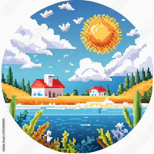 ector landscape of a coastal scene featuring seaside plants, a peaceful rural village, birds flying in the sky, the sun shining brightly, and thick white clouds