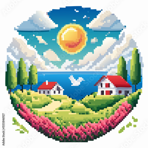 ector landscape of a coastal scene featuring seaside plants, a peaceful rural village, birds flying in the sky, the sun shining brightly, and thick white clouds