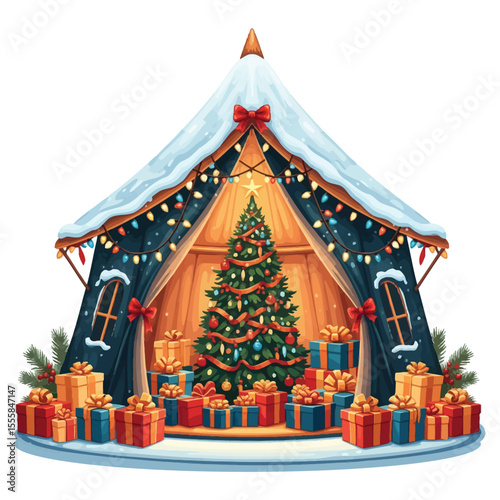 Festive Christmas Tent with Snowy Roof, Tree, and Gifts