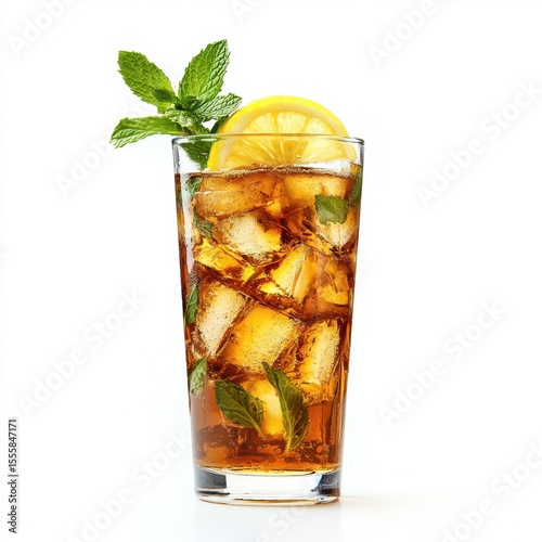 Cold iced tea with mint leaves and lemon wedges in a tall glass, isolated on white background.