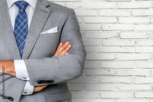 Man in Patterned Suit Posing in Front of White Brick Wall With Arms Crossed