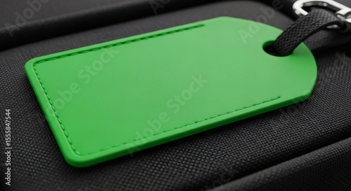 Close-up of a vibrant green luggage tag against a textured black fabric surface revealing subtle