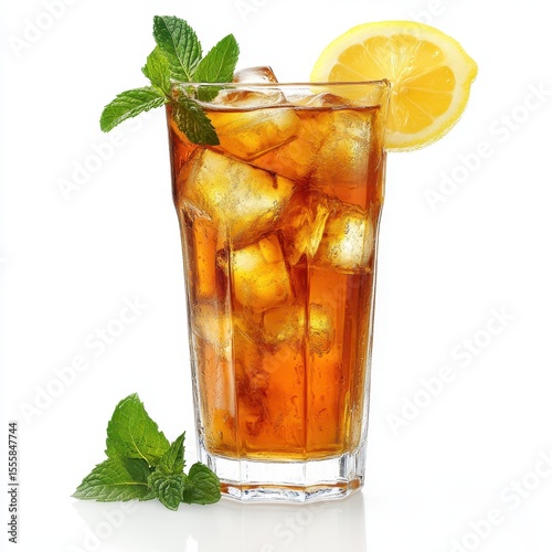 Cold iced tea with mint leaves and lemon wedges in a tall glass, isolated on white background.