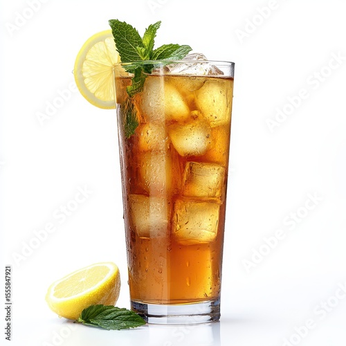 Cold iced tea with mint leaves and lemon wedges in a tall glass, isolated on white background.