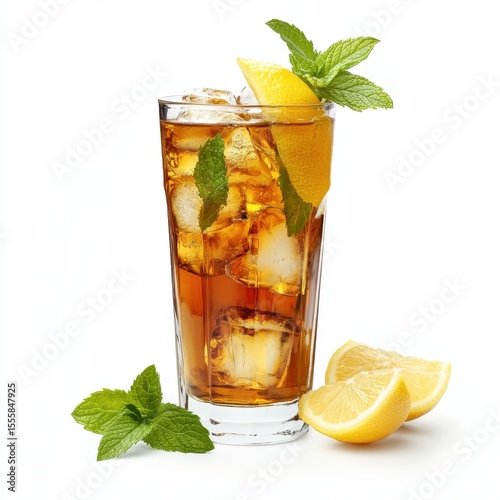Cold iced tea with mint leaves and lemon wedges in a tall glass, isolated on white background.