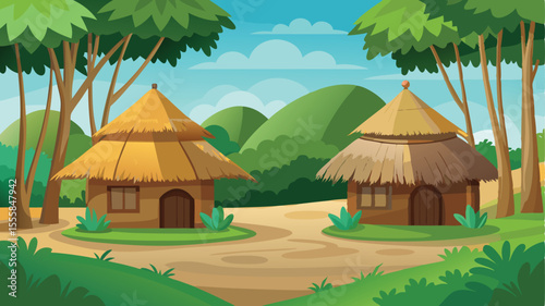 Charming illustration of two traditional mud huts with rustic straw roofs nestled within a vibrant green natural landscape