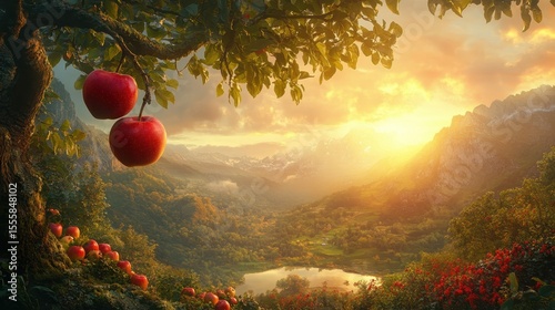 Two red apples hang from a tree with a vibrant mountain sunset background. Use this for health, nature, or a biblical concept of the Garden of Eden.