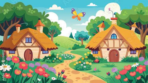 Charming thatched cottages nestled beside a vibrant field bursting with colorful wildflowers and buttercups