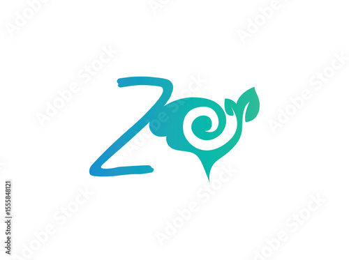 Creative nature-themed logo designs featuring stylized alphabet letters from Q to Y. Each letter integrates a green spiral motif resembling a leaf or plant shoot, symbolizing growth, sustainability, z