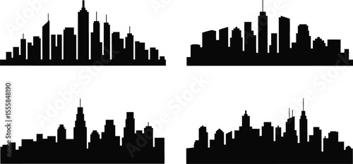 Black silhouette of city skylines collection of urban cityscapes on white background