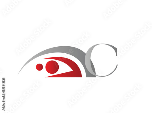 Monogram logos combining stylized alphabet letters (A–Z) with an abstract eye symbol and curved lines, representing observation, surveillance, or focus. The red and grey color c