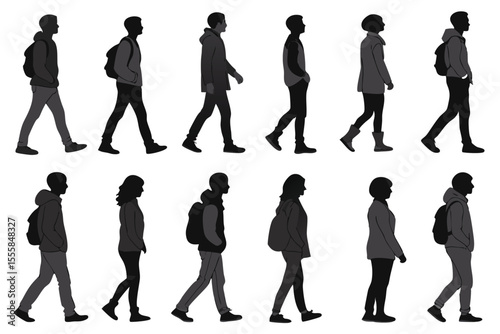 Silhouettes of People Walking with Backpacks