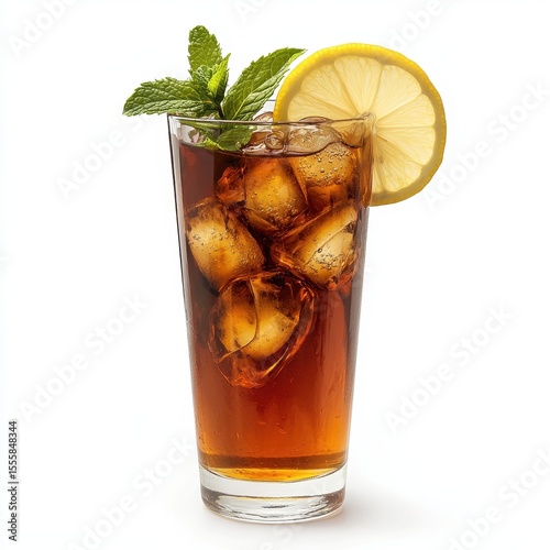 Cold iced tea with mint leaves and lemon wedges in a tall glass, isolated on white background.