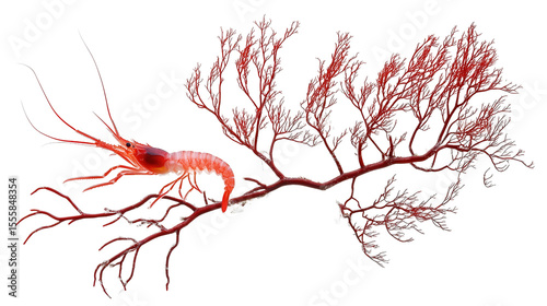 Sea whip coral attached shrimp, Transparent background, PNG file