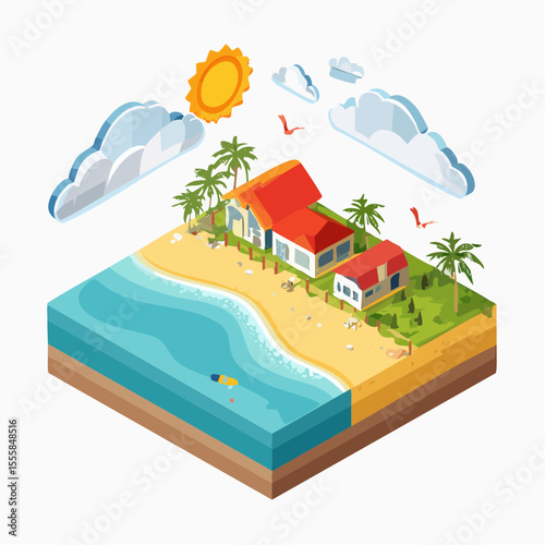Flat vector illustration of a tropical beachside with lush coastal vegetation, distant countryside houses, birds in flight, radiant sun, and dramatic cloud formations