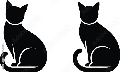 Two elegant black cat silhouettes isolated on white background illustration