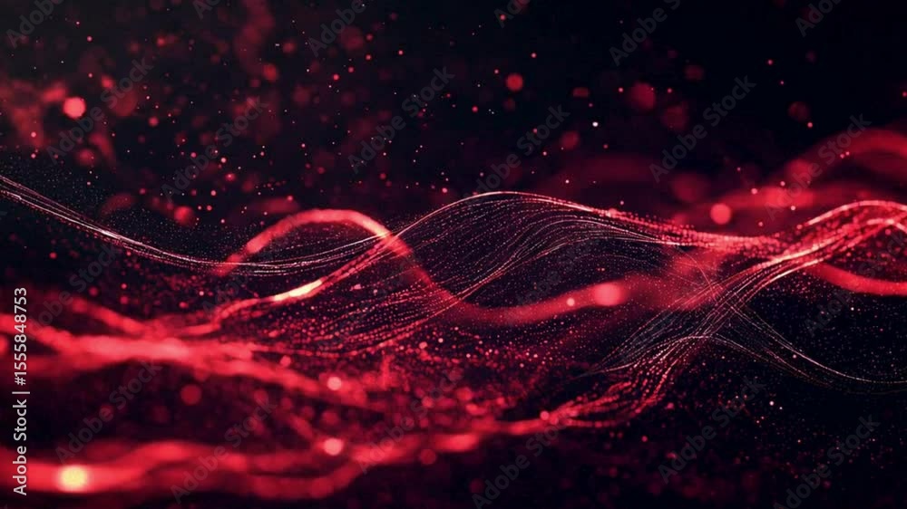 Red Particle Wave Flowing Across Dark Abstract Background with Digital Motion