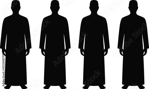 Four black silhouettes of men wearing traditional islamic thobes and headwear