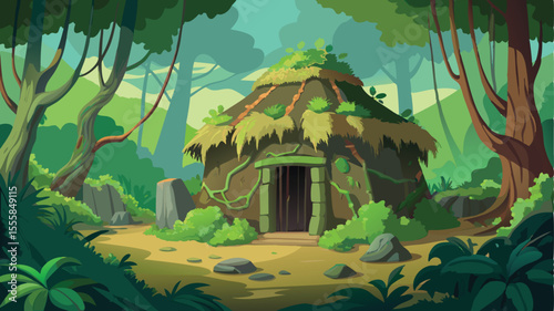 Rustic abandoned mud hut overgrown with lush green vines and soft moss in a dense natural setting