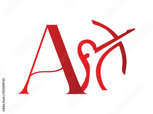 Elegant red monogram logos incorporating the Sagittarius archer zodiac symbol with stylized capital letters. Each design creatively blends the silhouette of a bow and arrow a