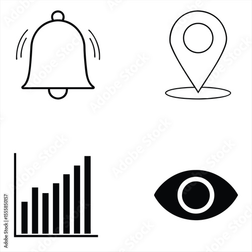 Versatile UI and Web Icon Set. Featuring Notification Bell, Location Pin, Bar Graph & Eye Symbols. Modern Vector Graphics for App Interfaces, Data, and Maps.