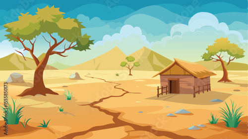 Dry cracked earth under a vast summer sky with a solitary element suggesting desolation