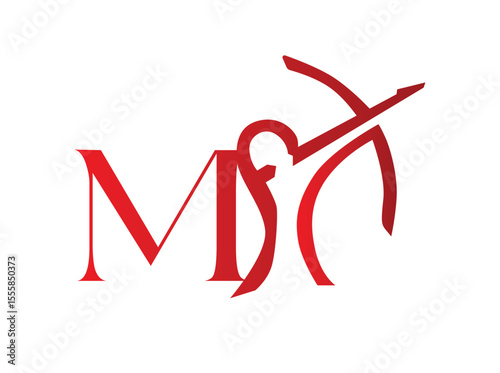 Elegant red monogram logos incorporating the Sagittarius archer zodiac symbol with stylized capital letters. Each design creatively blends the silhouette of a bow and arrow withm
