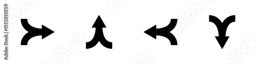Merged directional arrows in black silhouette for navigation, choice, decision-making, and road merging concepts.