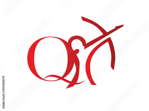 Elegant red monogram logos incorporating the Sagittarius archer zodiac symbol with stylized capital letters. Each design creatively blends the silhouette of a bow and arrow q