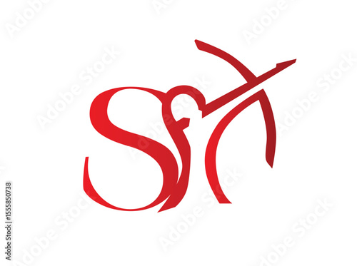 Elegant red monogram logos incorporating the Sagittarius archer zodiac symbol with stylized capital letters. Each design creatively blends the silhouette of a bow and arrow s