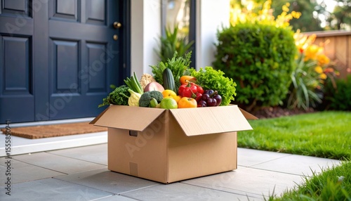 Fresh assorted vegetables and fruits in a cardboard box on a doorstep, showcasing healthy and convenient delivery.