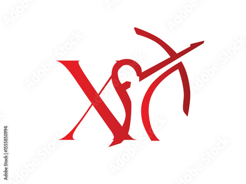 Elegant red monogram logos incorporating the Sagittarius archer zodiac symbol with stylized capital letters. Each design creatively blends the silhouette of a bow and arrow withx