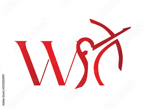 Elegant red monogram logos incorporating the Sagittarius archer zodiac symbol with stylized capital letters. Each design creatively blends the silhouette of a bow and arrow with serif w