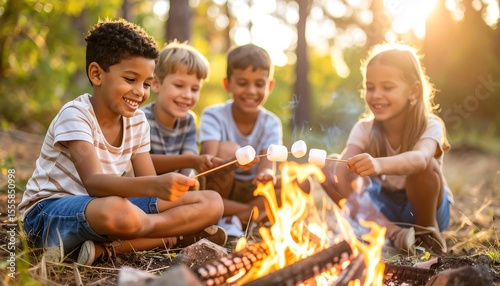 Joyful Diverse Kids Roasting Marshmallows at Campfire