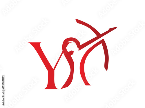 Elegant red monogram logos incorporating the Sagittarius archer zodiac symbol with stylized capital letters. Each design creatively blends the silhouette of a bow and arrow y