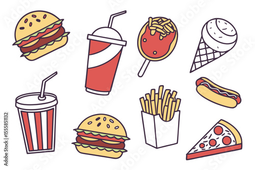 Fast Food Icon Set Vector Illustration of Burgers Fries Pizza and More