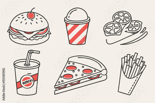 Fast Food Icon Set Vector Illustration of Popular Meals and Snacks