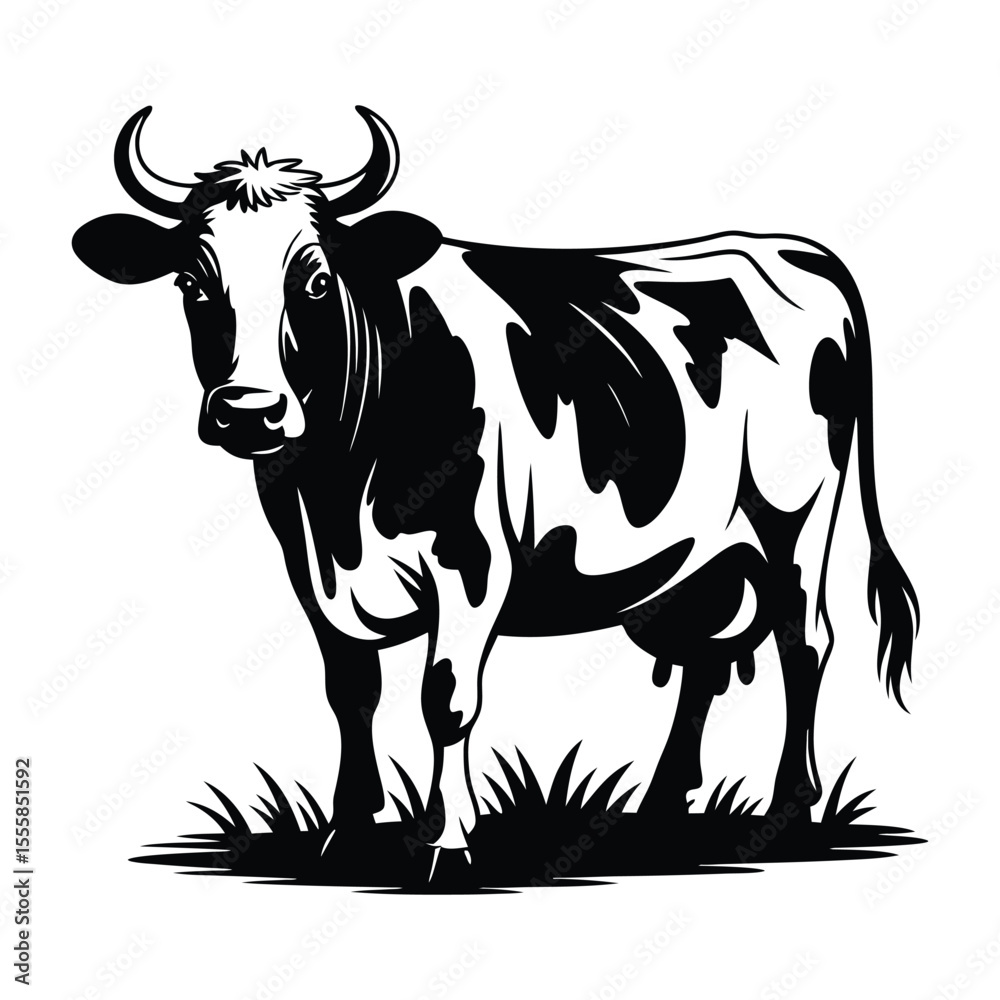 Fototapeta premium A black and white illustration of a dairy cow with horns, standing in grass.
