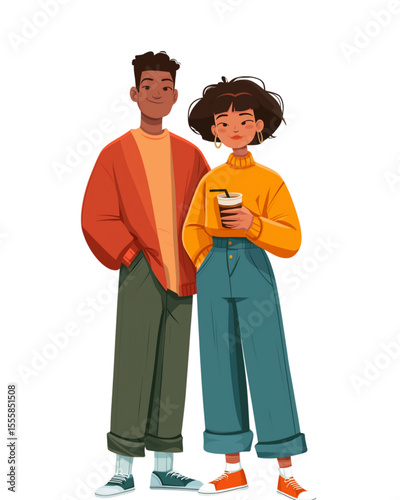 Two people standing together in casual setting on white background