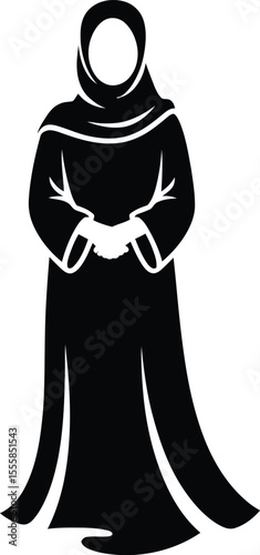 Silhouette of muslim woman in traditional dress black and white illustration