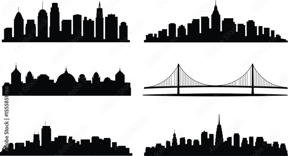 Fototapeta premium Set of black city skyline silhouettes with famous buildings and bridge