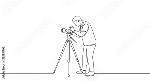 Man adjusting lens on tripod with camera in minimalist style  