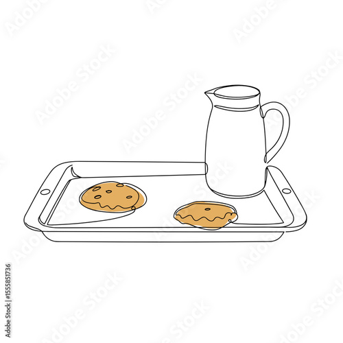 Baking cookies on tray with milk jug in simple outline style  