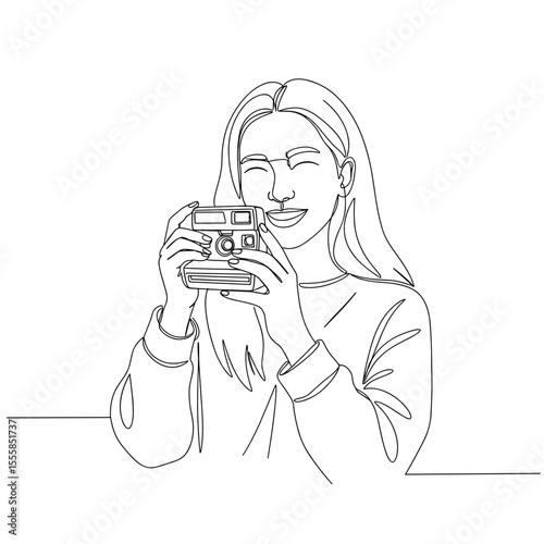 Girl holding Polaroid camera and smiling in line art style  