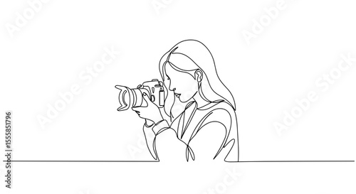 Woman photographing with camera in minimalist line art style  