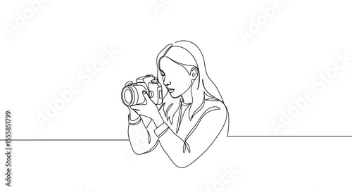 Woman reviewing shots on display with camera in minimal style  