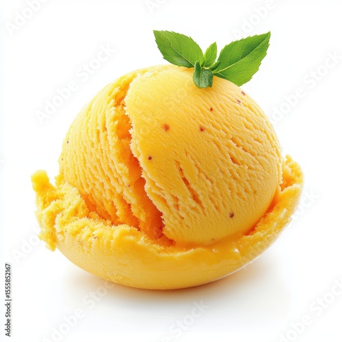 Mango sorbet ice cream scoop isolated on white background.