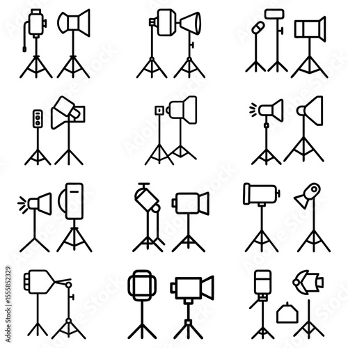 Illustration showcasing various studio lighting equipment setups in a minimalist line art style design