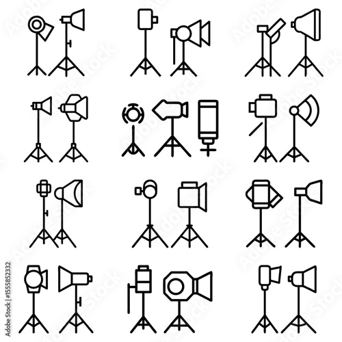 Illustration of various studio lighting setups with different light types and tripod stands shown clearly