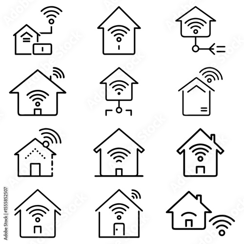 Illustration of twelve house icons with wifi signals emanating from them in a grid arrangement
